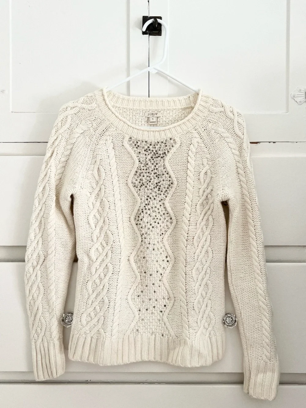J.Crew Beaded Cable Knit Merino Wool Blend Sweater Cream Size S